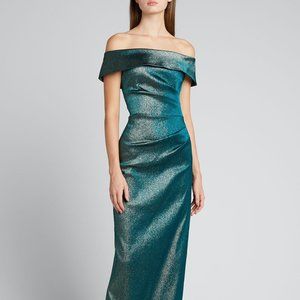 Off the Shoulder Long Shimmer Jacquard Gown in Emerald/Turquoise Green